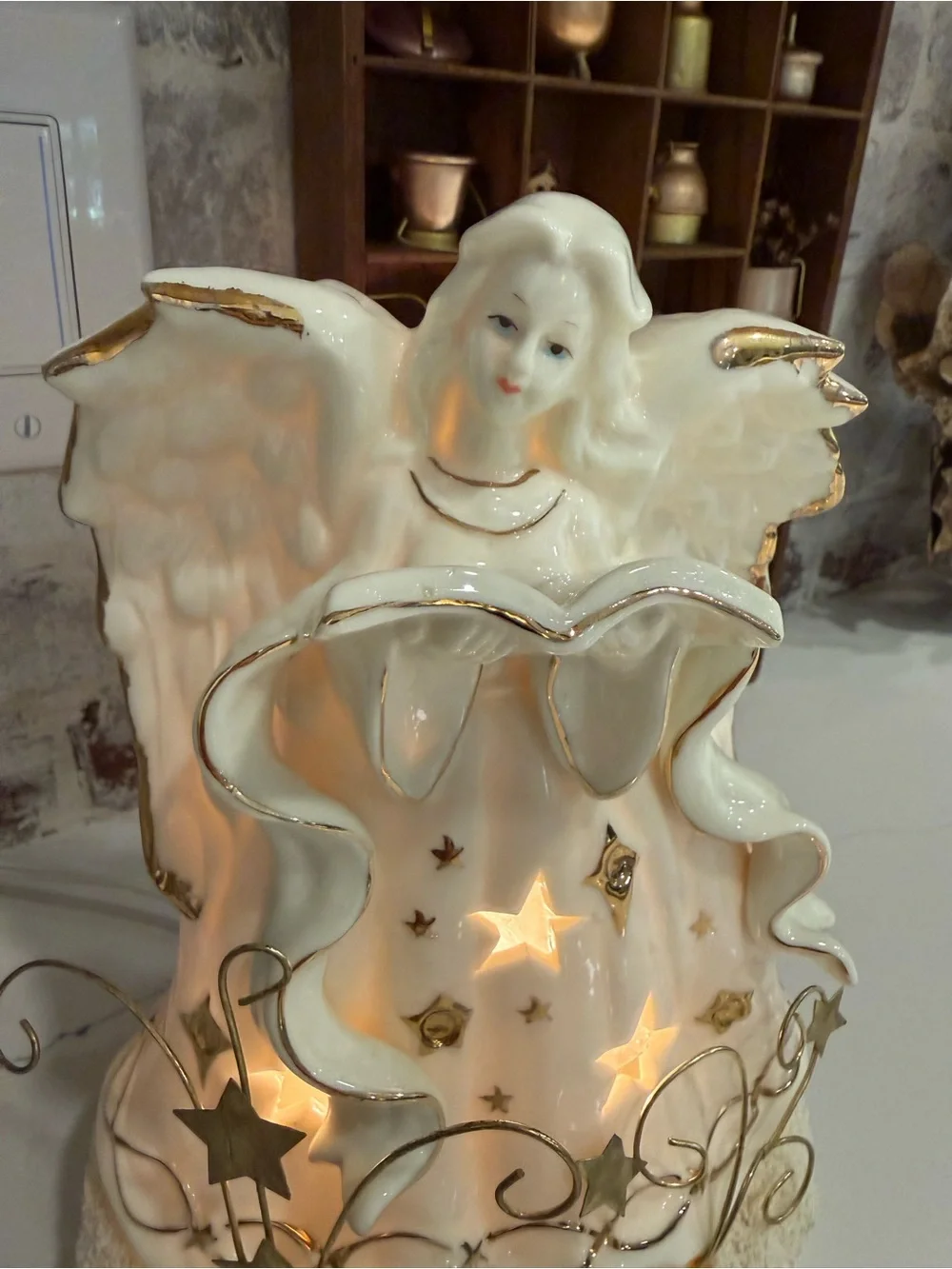 Vintage Porcelain Angel with Gold Star Accents - White and Gold